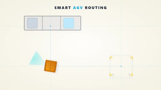 Smart AGV routing system showing automated guided vehicle moving warehouse cargo on digital grid floor in logistics animation