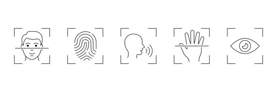 Biometric authentication and identity verification line icon set including face fingerprint voice hand eye vector.