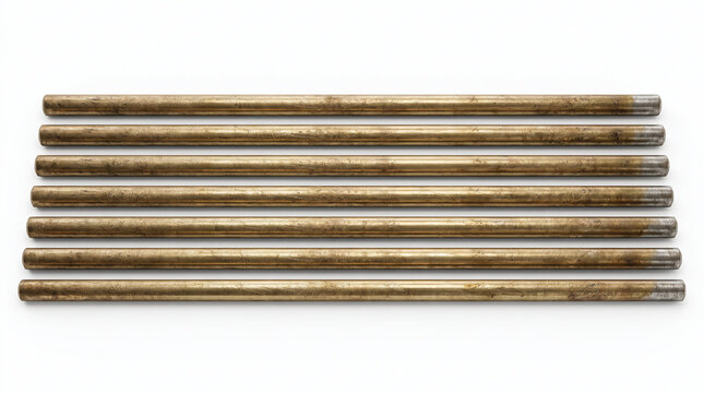 A close-up view of parallel aged metal rods, showcasing weathered textures and rust, suitable for industrial, construction, and material science themes on a white background