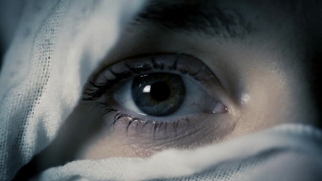 Opening female's right eye, reacting to softbox light turning on at studio close-up, showing gauze