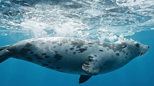 Harbor Seal Swimming Under Ice with Sun Rays Piercing Water