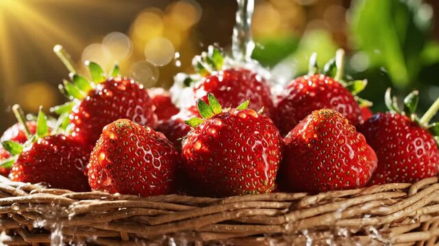Fresh strawberries in a basket getting washed with water under sunlight in a garden