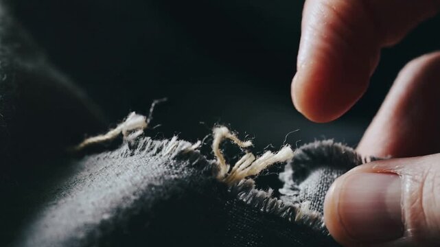 Approaching fingertip, adult right hand pinching, pulling loose yarn in dim closeup, tidying seam