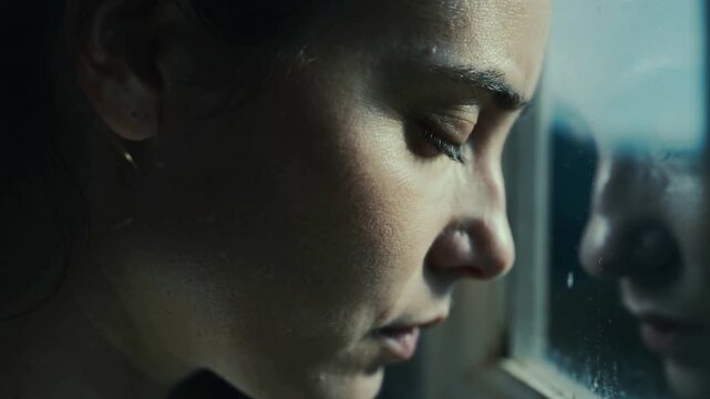 Pressing woman with hoop earring to narrow window at home, seeking solace, droplets and reflection