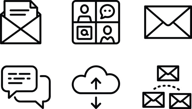 Communication and messaging line icons set, email envelope, chat bubbles, cloud upload, online collaboration vector collection