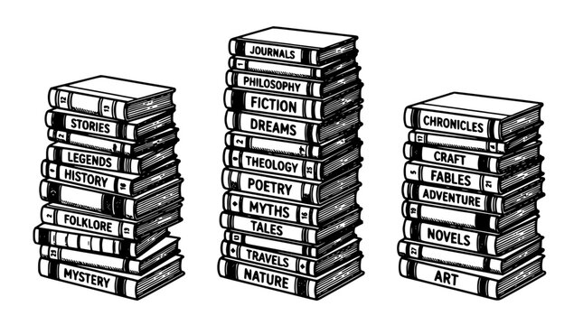 Books Stacked in Three Groups with Various Genres and Subjects Featuring Stack, Fiction, Philosophy with Dreams and Theology