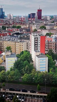 Cityscape Architecture Urban Residential Buildings Real Estate Aerial View District Highrise. This high-angle perspective shows a dense metropolitan neighborhood Poznan