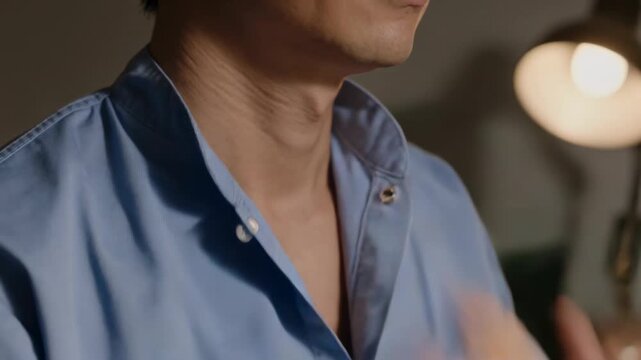 Feeling collar tight, Asian man undoing button on blue mandarin shirt in staff-room hands near lamp