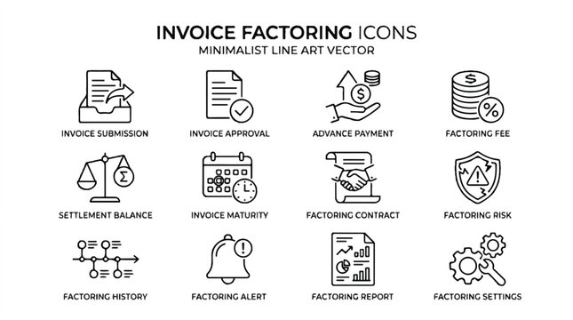 Icon Set Illustrating Invoice Factoring Concepts for Business Finance and Cash Flow Management.