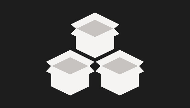 Three white boxes with gray interiors arranged in a triangle on black background gray boxes