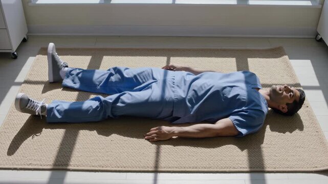 Lying adult male in blue scrubs and sneakers breathing on beige rug resting under window sunlight