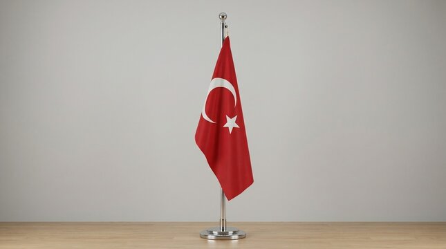 A Turkish flag on a metallic flagpole against a plain light background, symbolizing national identity.