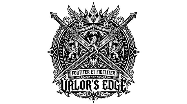 A fantasy guild emblem featuring crossed weapons and a crest on a shield