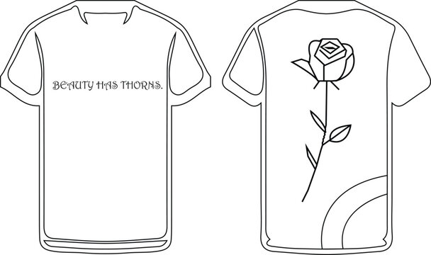 White t-shirt apparel mockup template with front and back preview featuring beauty has thorns text quote and rose flower line art graphic illustration
