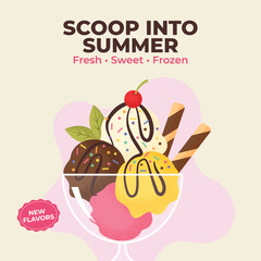 Fototapeta premium Scoop Into Summer Ice Cream Sundae Social Media Poster Vector with Colorful Frozen Dessert