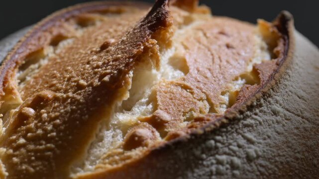 Releasing steam, round artisan loaf opening central score on baking surface, showing exposed crumb