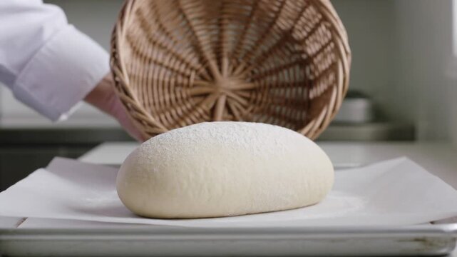 Lifting wicker basket, baker wearing white cuff revealing proofed loaf on parchment tray for baking