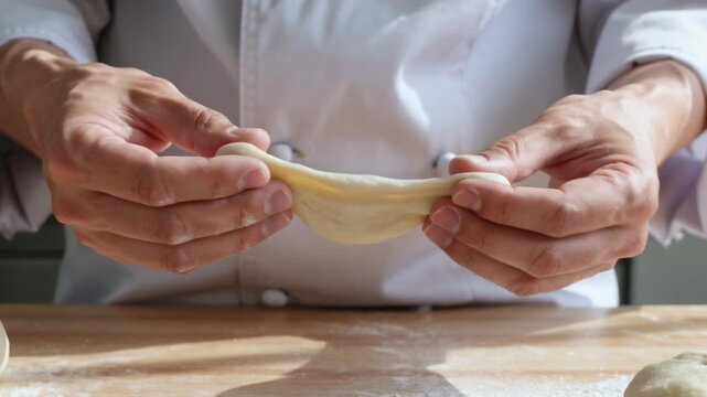 Pinching dough, chef in white coat stretching thin dough on floured counter, preparing for filling