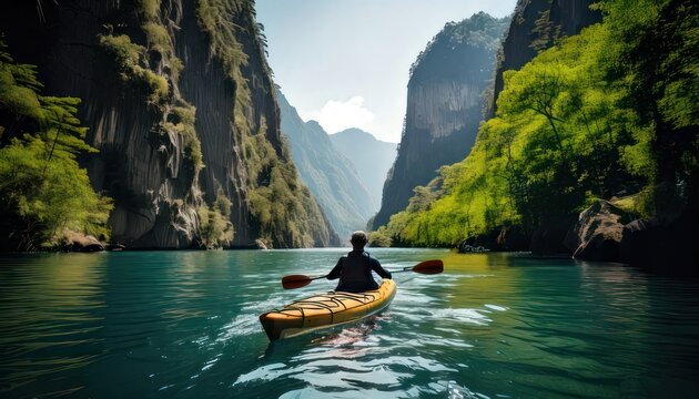 Kayaker paddles through a stunning canyon lake surrounded by lush greenery.