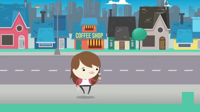 2D Animated Cartoon Girl Character Walking on Sidewalk in Front of City Shops and Coffee House, Town Street Background Animation