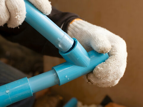 Plumber Connecting Blue PVC Pipe T-Joint | Repairing Water Pipeline with PVC Glue | Professional Plumbing Pipe Installation Close Up | Home Water System Maintenance and Pipe Fitting