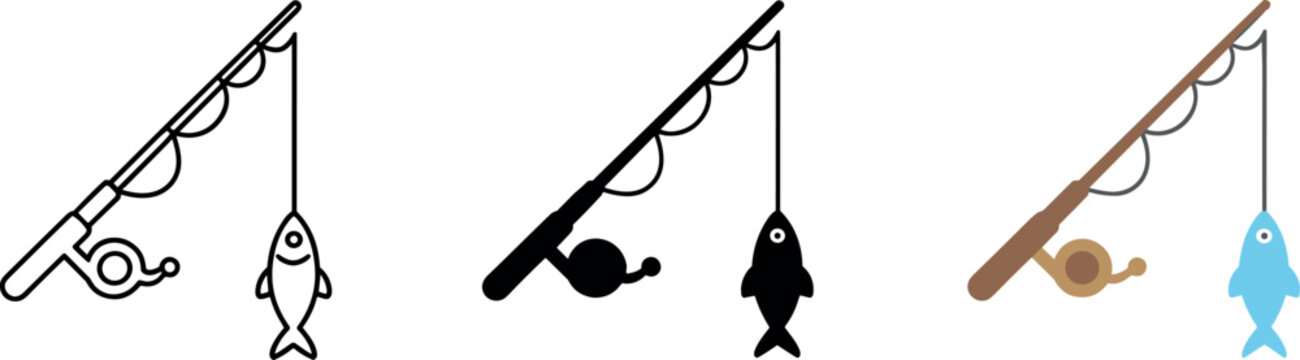 Fishing rod with reel and caught fish vector icon set in line solid and color styles