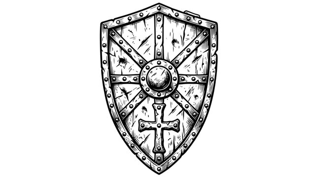 A medieval mercenary is holding a shield with a crossbow set.