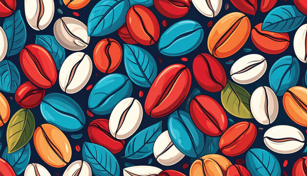 Colorful coffee beans and leaves pattern.