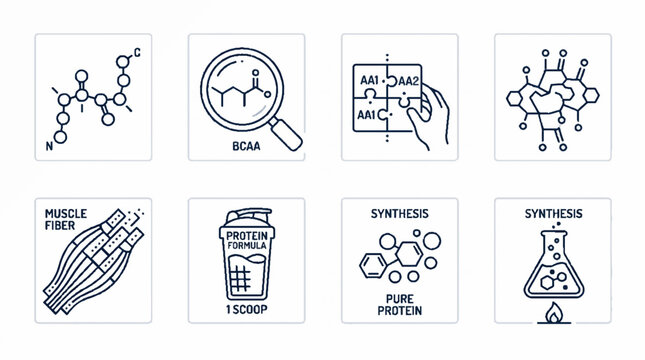Protein synthesis and muscle fiber biology line icons set for sports nutrition and science.