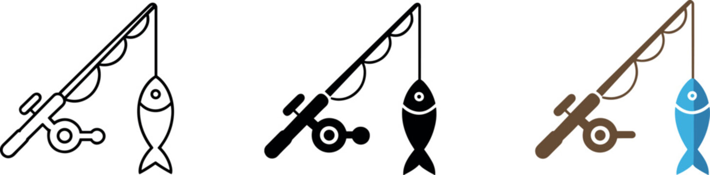 Fishing rod with reel and caught fish vector icon set in line solid and color styles