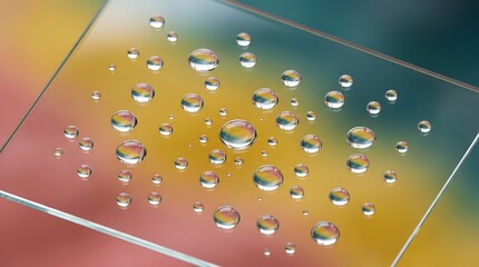 Naklejka premium Transparent water droplets resting on a smooth glass surface featuring vibrant rainbow reflections captured in high resolution sharp macro photography