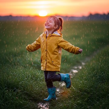 Joyful girl in yellow raincoat enjoying the rain and sunset.