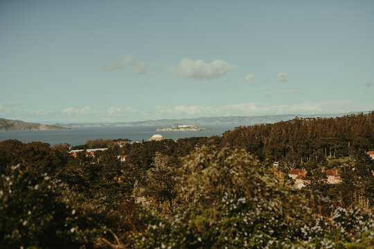 View of Alcatraz Island and San Francisco Bay from Bernal Heights Park California