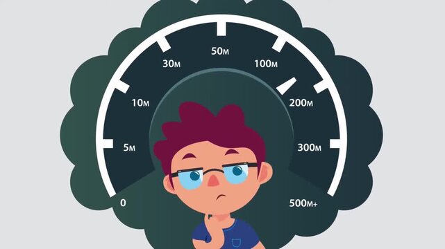 2D Animated Character Looking Anxious with Fast Moving Speedometer Dashboard Gauge Meter, Stress Overload Performance Concept Video