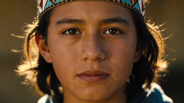 Shot opening teen blinking, holding gaze for closeup near wooden wall, beaded headband hood backlit