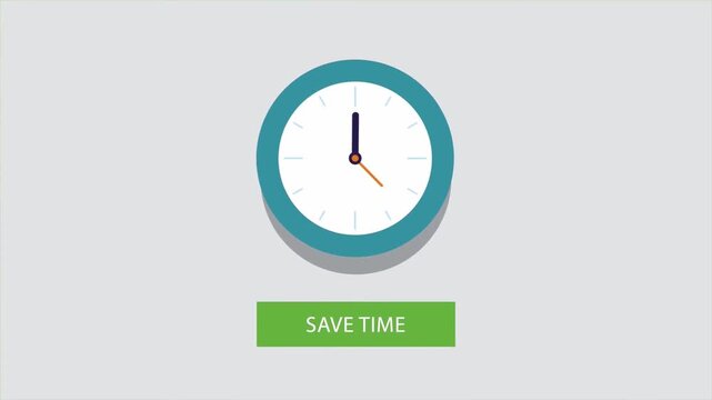 2D Animated Icon Design of a Wall Clock with Save Time Green Banner Button, Corporate Productivity and Time Management Concept