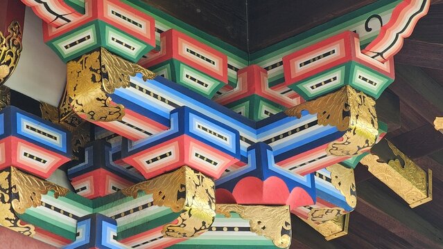 Close-up of ornate traditional Japanese architectural woodwork with gold leaf accents