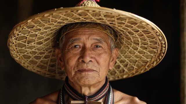 Pulling back camera revealing senior man holding gaze in wooden hut, showing wrinkles, straw hat