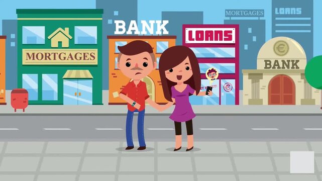 2D Animated Cartoon Couple Standing on Urban Town Street Outside Mortgage Bank and Loan Store, Financial Decision Real Estate Animation