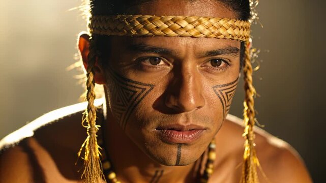 Recording man with cheek tattoos raising eyes, parting lips, preparing to speak in studio, headband