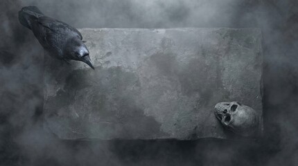 Obraz premium Top-down minimalist composition of raven and skull placed at opposite corners of a weathered stone slab, surrounded by drifting gray mist and broad copy space for an austere gothic mortality concept