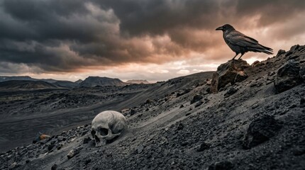 Obraz premium Storm-lit volcanic ash slope with raven and skull positioned across jagged black terrain, forming a dramatic landscape of elemental desolation, survival, mortality, and foreboding wilderness
