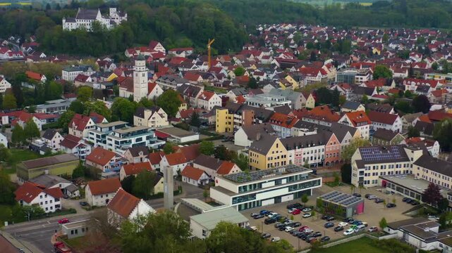 Aerial view of the city Illertissen Iller and castle V&ouml;hlinschloss in Germany on a cloudy spring day 