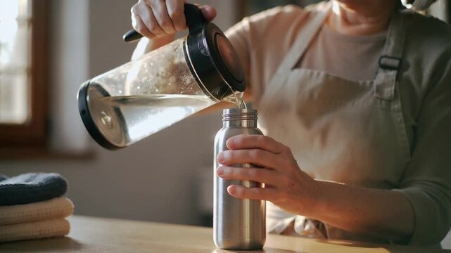 Tilting woman wearing apron pouring from pitcher to refill steel bottle in kitchen with towels