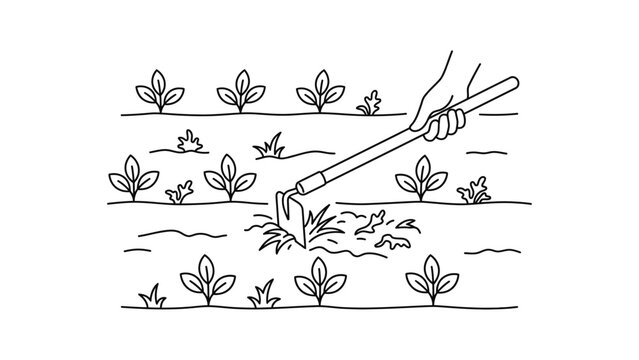 A hand holding a hoe weeding a garden with plants growing in rows.