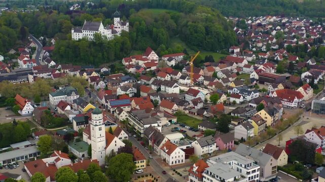 Aerial view of the city Illertissen Iller and castle V&ouml;hlinschloss in Germany on a cloudy spring day 