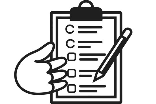 Hand holding pen marking checklist on clipboard black white icon