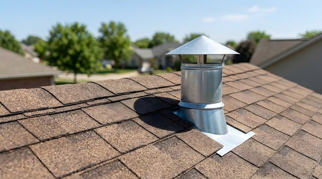 Metal chimney vent cap on a residential shingled roof under a clear blue sky