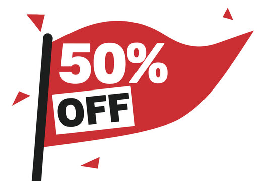 Red flag icon with 50 percent off promotional text discount shopping