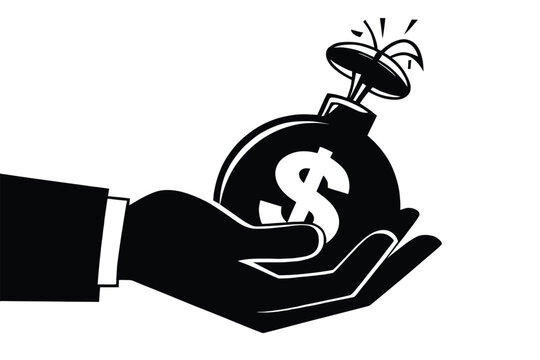 Hand holding exploding money bag bomb icon with explosive, financial